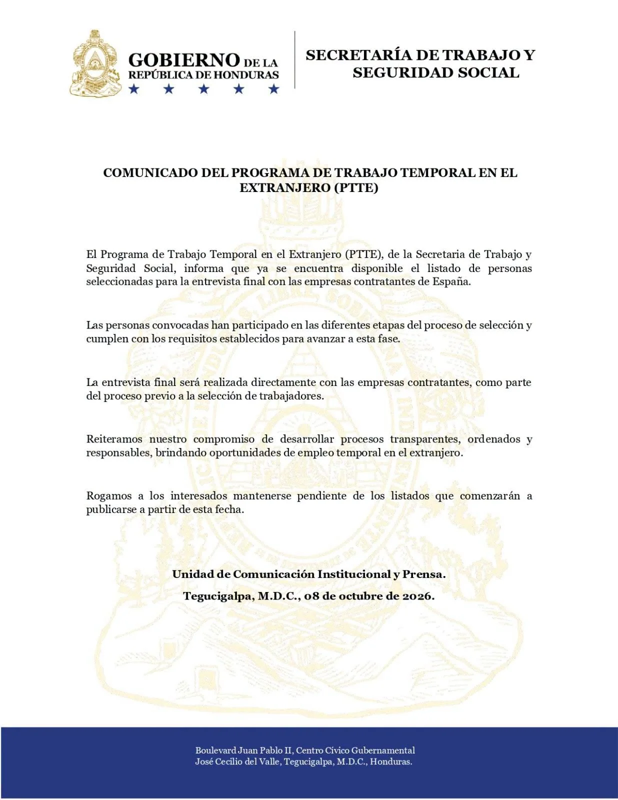 Comunicado de la Secretaría de Trabajo
