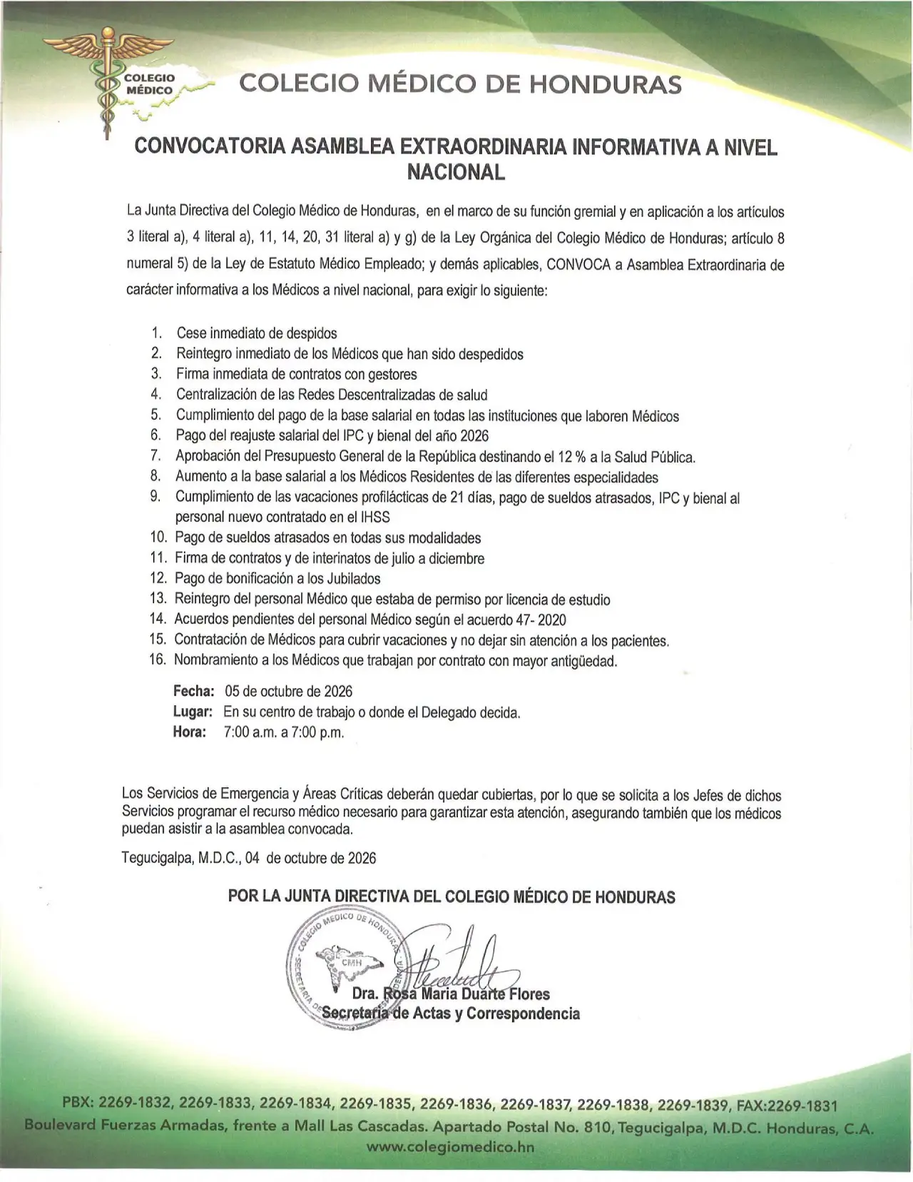 Comunicado del Colegio Médico de Honduras