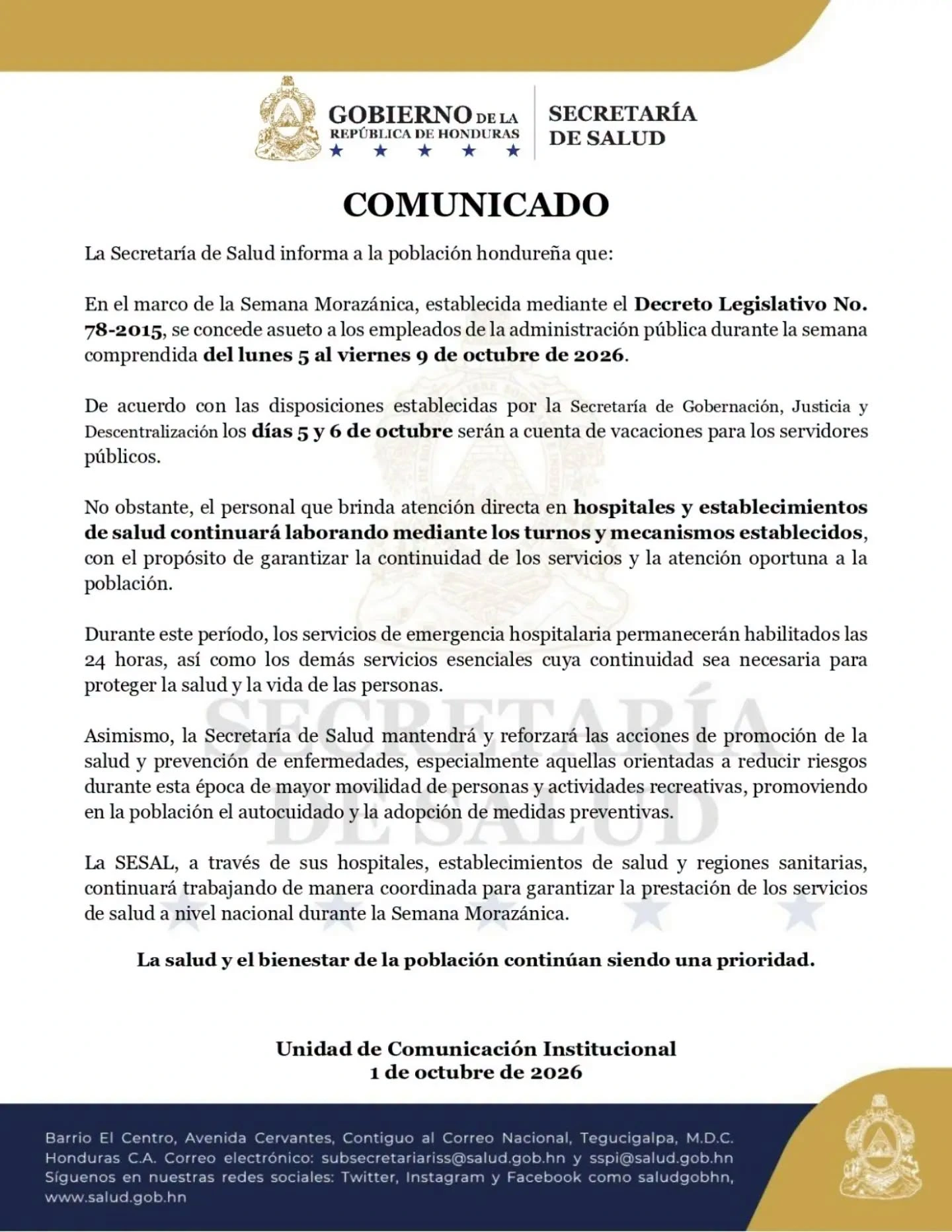 Comunicado emitido por la Secretaría de Salud.