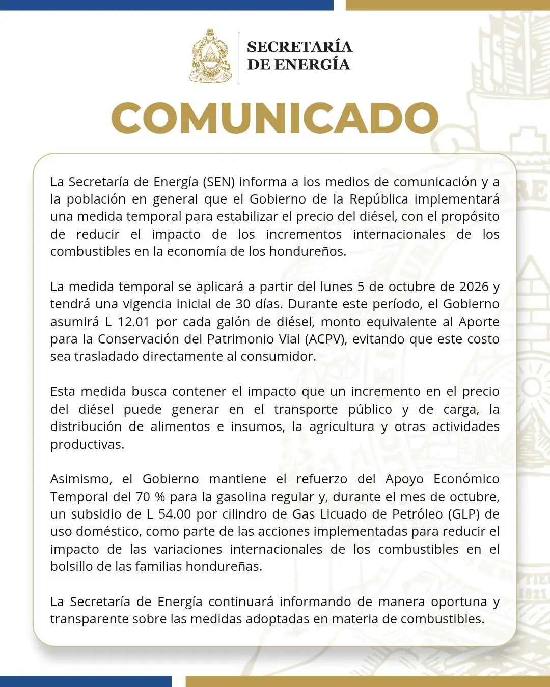 Comunicado de la Secretaría de Energía