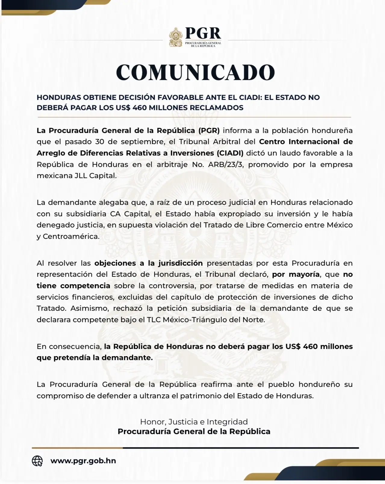 Comunicado de la PGR sobre resolución favorable del CIADI