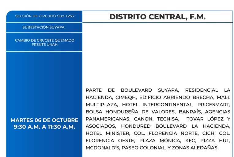 Foto de las Zonas de el Distrito Central que estarán sin energía por cortes de emergencia, según la ENEE,