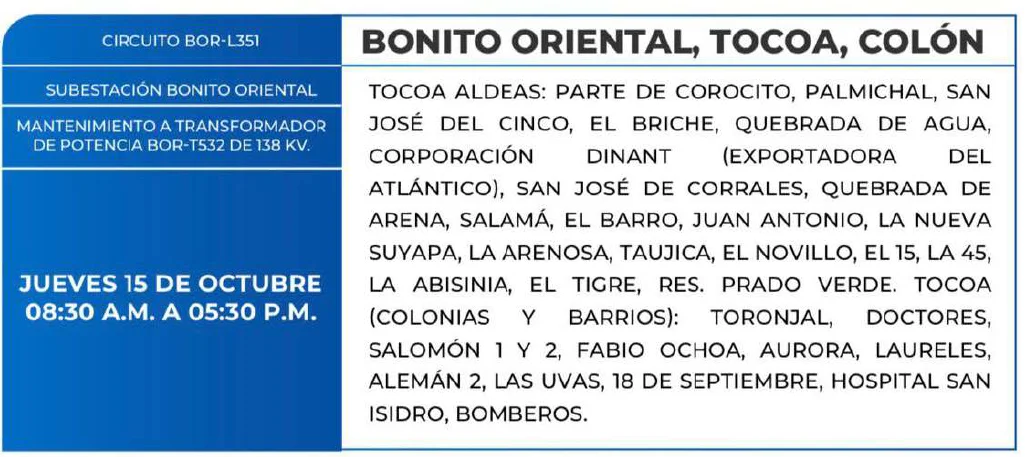 Foto de las Zonas de Bonito Oriental, Tocoa, Colón que estarán sin energía este jueves 15 de octubre, según la ENEE.