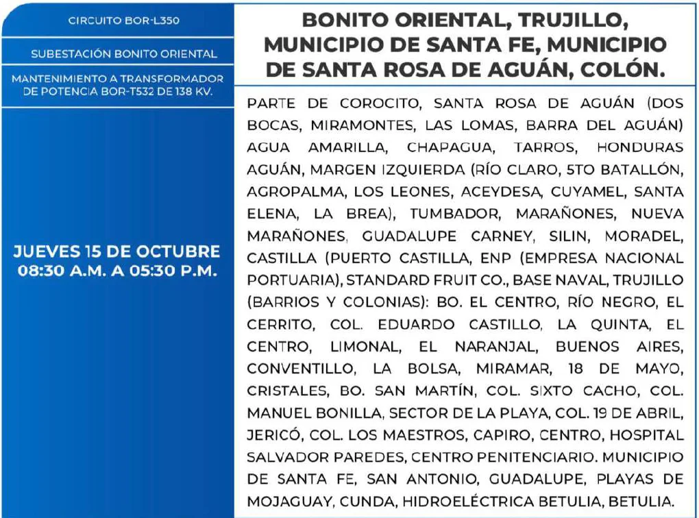 Foto de las Zonas de Bonito Oriental, Trujillo y Santa Rosa de Aguán que estarán sin energía este jueves 15 de octubre, según la ENEE.