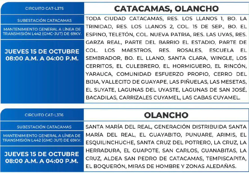 Foto de las Zonas de Juticalpa y Olancho que estarán sin energía este jueves 15 de octubre, según la ENEE.