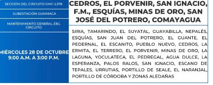 Foto de las Zonas de Cedros, El Porvenir, San Ignacio..., estarán sin energía eléctrica este miércoles 28 de cotubre, sgún la ENEE.