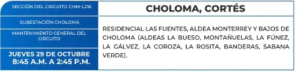 Foto de las Zonas de Choloma, Cortés que estarán sin energía este jueves 29 de octubre de 2026, según la ENEE.