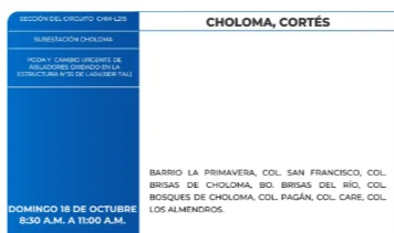 Foto de las Zonas de Choluteca, Cortés que estarán sin energía este domingo 18 de Octubre, según la ENEE.