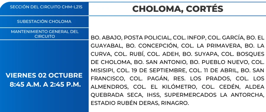 Foto de las Zonas de Choloma, Cortés estarán sin energía este viernes 2 de octubre, según la ENEE.