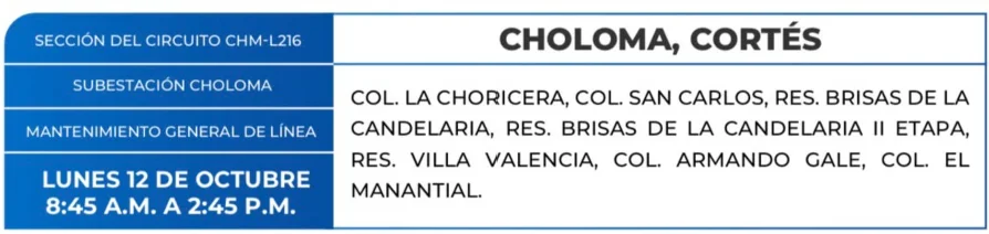 Foto de las Zonas de Choloma, Cortés que estarán sin energía este lunes 12 de octubre, según la ENEE.