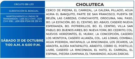 Foto de las Zonas de Choluteca que estarán sin energía eléctrica este sábado 31 de octubre, según la ENEE.