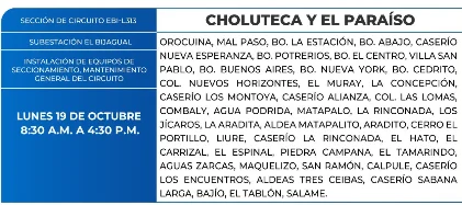 Foto de las Zonas de Choluteca, El Paraíso que estarán sin energía este lunes 15 de octubre, según la ENEE.