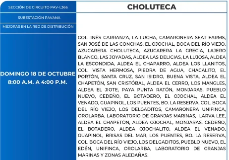 Foto de las Zonas de Choluteca que estarán sin energía este domingo 18 de Octubre, según la ENEE.