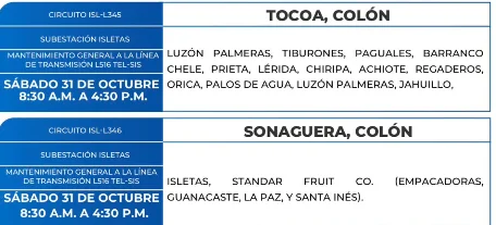 Foto de las Zonas de Tocoa, Colón que estarán sin energía eléctrica este sábado 31 de octubre, según la ENEE.