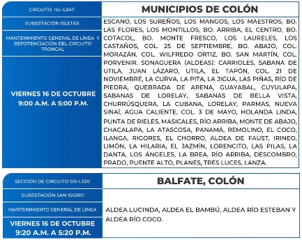 Foto de las Zonas de Colón que estarán sin energía este viernes 16 de octubre, según la ENEE.