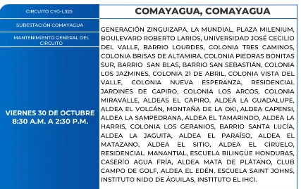 Foto de las Zonas de Comayagua que estarán sin energía eléctrica este viernes 30 de octubre de 2026, según la ENEE.