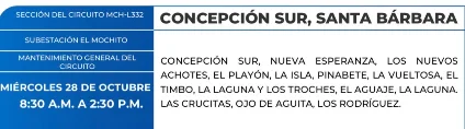 Foto de las Zonas de Concepción Sur, Santa Bárbara estarán sin energía eléctrica este miércoles 28 de cotubre, sgún la ENEE.
