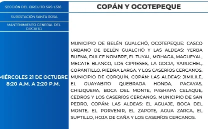 Foto de las Zonas de Copán y Ocotepeque que estarán sin energía este miércoles 21 de octubre, según la ENEE.