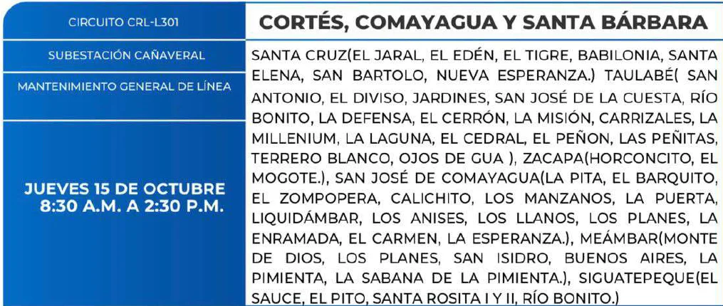 Foto de las Zonas de Cortés, Omoa y Santa Bárbara que estarán sin energía este jueves 15 de octubre, según la ENEE.