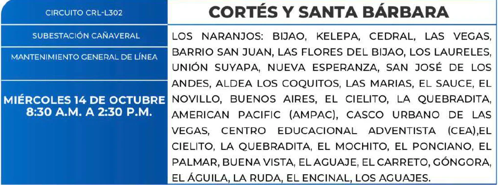 Foto de las Zonas de Cortés y Santa Bárbara que estarán sin en energía este miércoles 14 de octubre, según la ENEE.