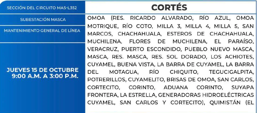 Foto de las Zonas de Cortés que estarán sin energía este jueves 15 de octubre, según la ENEE.