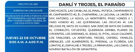 Foto de las Zonas de Danlí y Trojes, El Paraíso que estarán sin energía este jueves 22 de octubre, según la ENEE.