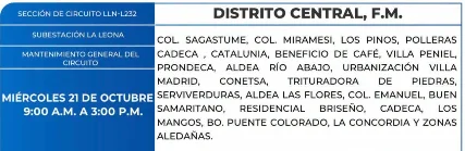 Foto de las Zonas de el Distrito Central que estarán sin energía este miércoles 21 de octubre, según la ENEE.