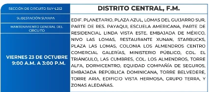 Foto de las Zonas de el Distrito Central que estarán sin energía este viernes 23 de octubre, según la ENEE.