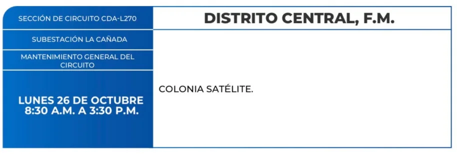Foto de las Zonas de el Distrito Central que estarán sin energía este lunes 26 de octubre de 2026, según la ENEE.
