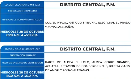 Foto de las Zonas de El Distrito Central estarán sin energía eléctrica este miércoles 28 de cotubre, sgún la ENEE.