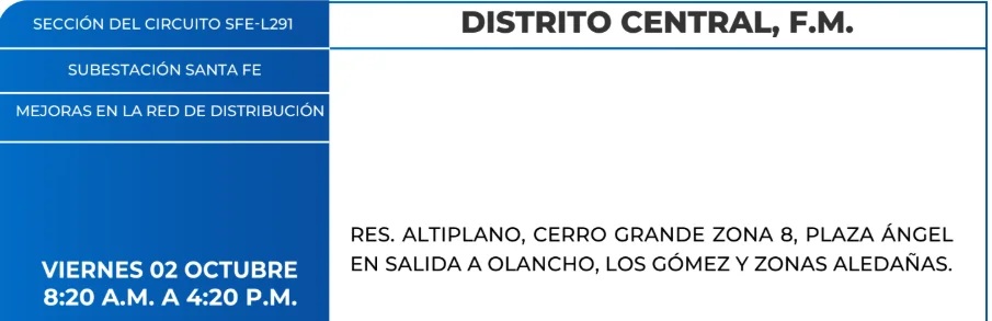 Foto de las Zonas de el Distrito Central estarán sin energía este viernes 2 de octubre, según la ENEE.