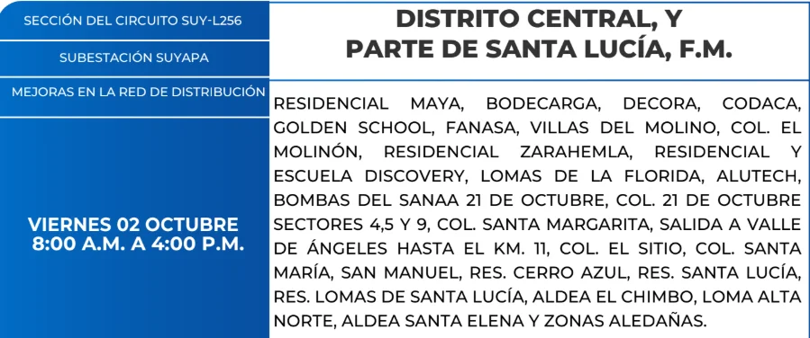 Zonas de el Distrito Central y Santa Lucía estarán sin energía este viernes 2 de octubre, según la ENEE.