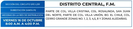 Foto de las Zonas de el Distrito Central que estaràn sin energía este viernes 16 de octubre, según la ENEE.