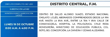 Foto de las Zonas de el Distrito Central que estarán sin energía este lunes 15 de octubre, según la ENEE.