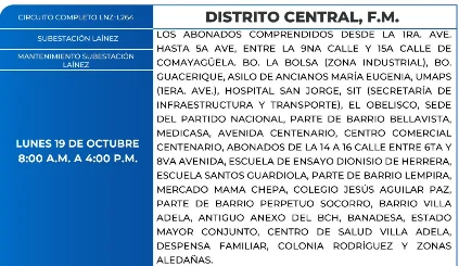 Foto de lasZonas de el Distrito Central que estarán sin energía este lunes 15 de octubre, según la ENEE.