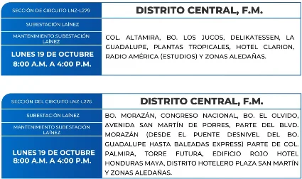 Foto de las Zonas de el Distrito Central que estarán sin energía este lunes 15 de octubre, según la ENEE.