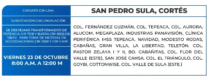 Foto de las Zonas de San Pedro Sula, Cortés que estarán sin energía este viernes 23 de octubre, según la ENEE.