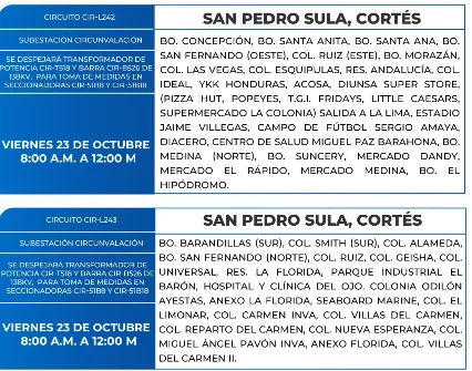 Foto de las Zonas de San Pedro Sula, Cortés que estarán sin energía este viernes 23 de octubre, según la ENEE.