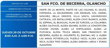 Foto de las Zonas de San Fco. de Becerra, Olancho que estarán sin energía este jueves 29 de octubre de 2026, según la ENEE.