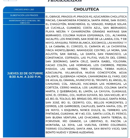 Foto de las Zonas de Choluteca estarán sin energía este jueves 22 de octubre, según la ENEE.