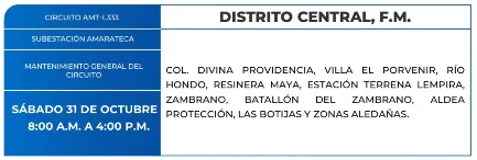Foto de las Zonas de el Distrito Central que estarán sin energía eléctrica este sábado 31 de octubre, según la ENEE.