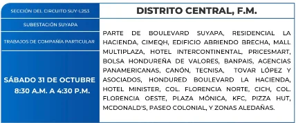 Foto de las Zonas de el Distrito Central que estarán sin energía eléctrica este sábado 31 de octubre, según la ENEE.