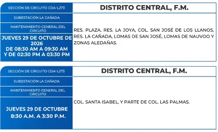 Foto de las Zonas de el Distrito Central que estarán sin energía este jueves 29 de octubre de 2026, según la ENEE.