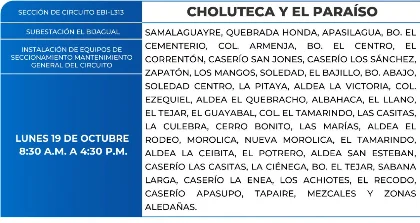 Foto de las Zonas de Choluteca, El Paraíso que estarán sin energía este lunes 15 de octubre, según la ENEE.