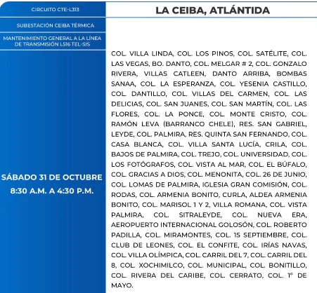 Foto de las Zonas de La Ceiba, Atlántida que estarán sin energía eléctrica este sábado 31 de octubre, según la ENEE.