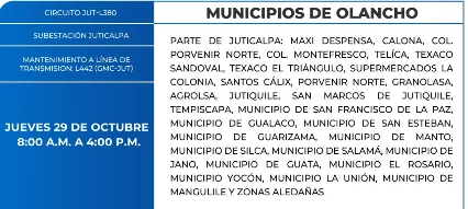Foto de las Zonas de Olancho que estarán sin energía este jueves 29 de octubre de 2026, según la ENEE.