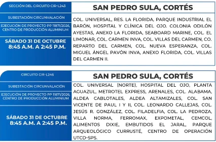 Foto de las Zonas de San Pedro Sula que estarán sin energía eléctrica este sábado 31 de octubre, según la ENEE.