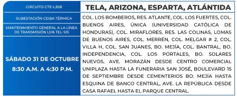 Foto de las Zonas de Tela, Arizona, Esparta, Atlándtida que estarán sin energía eléctrica este sábado 31 de octubre, según la ENEE.
