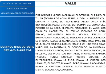 Foto de las Zonas de Valle que estarán sin energía este domingo 18 de Octubre, según la ENEE.