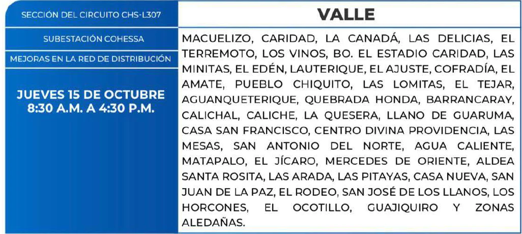 Foto de las Zonas de Valle que estarán sin energía este jueves 15 de octubre, según la ENEE.